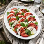 Caprese salad platter with shingled tomato and mozzarella slices, basil, and balsamic glaze lines, served for a summer cookout