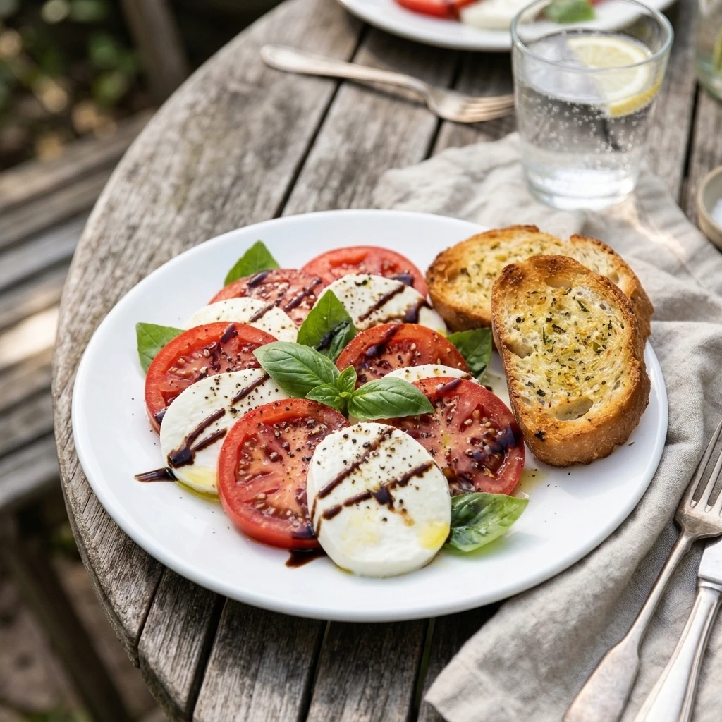  Single serving of classic caprese salad on a white plate beside crusty bread on an outdoor table
