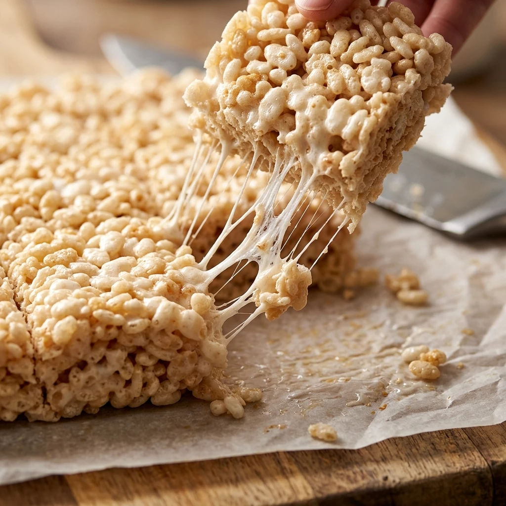 Close up of a cut marshmallow cereal bar showing stretchy strands between crisp rice pieces