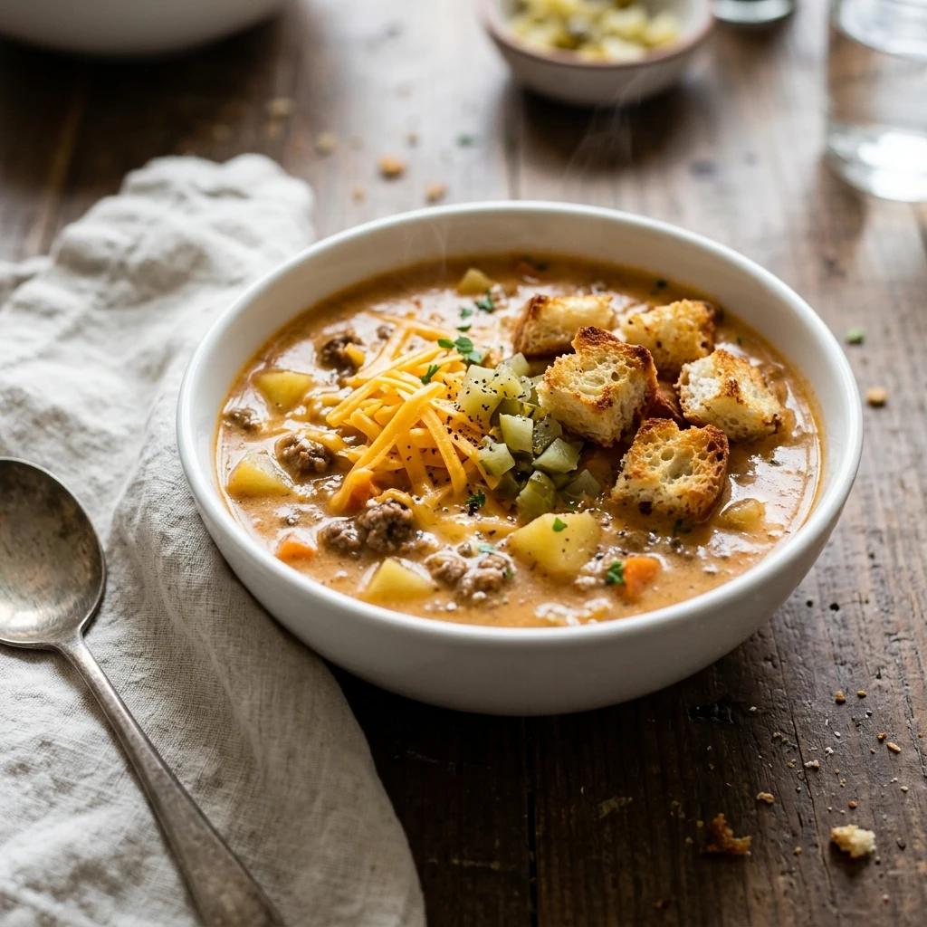 Cheeseburger Soup With Tender Potatoes and Sharp Cheddar