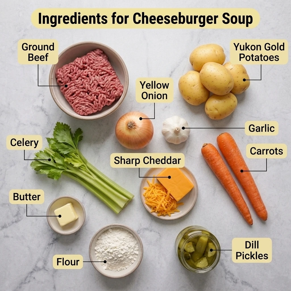 Flat lay of cheeseburger soup ingredients including ground beef, Yukon Gold potatoes, carrots, celery, and sharp cheddar