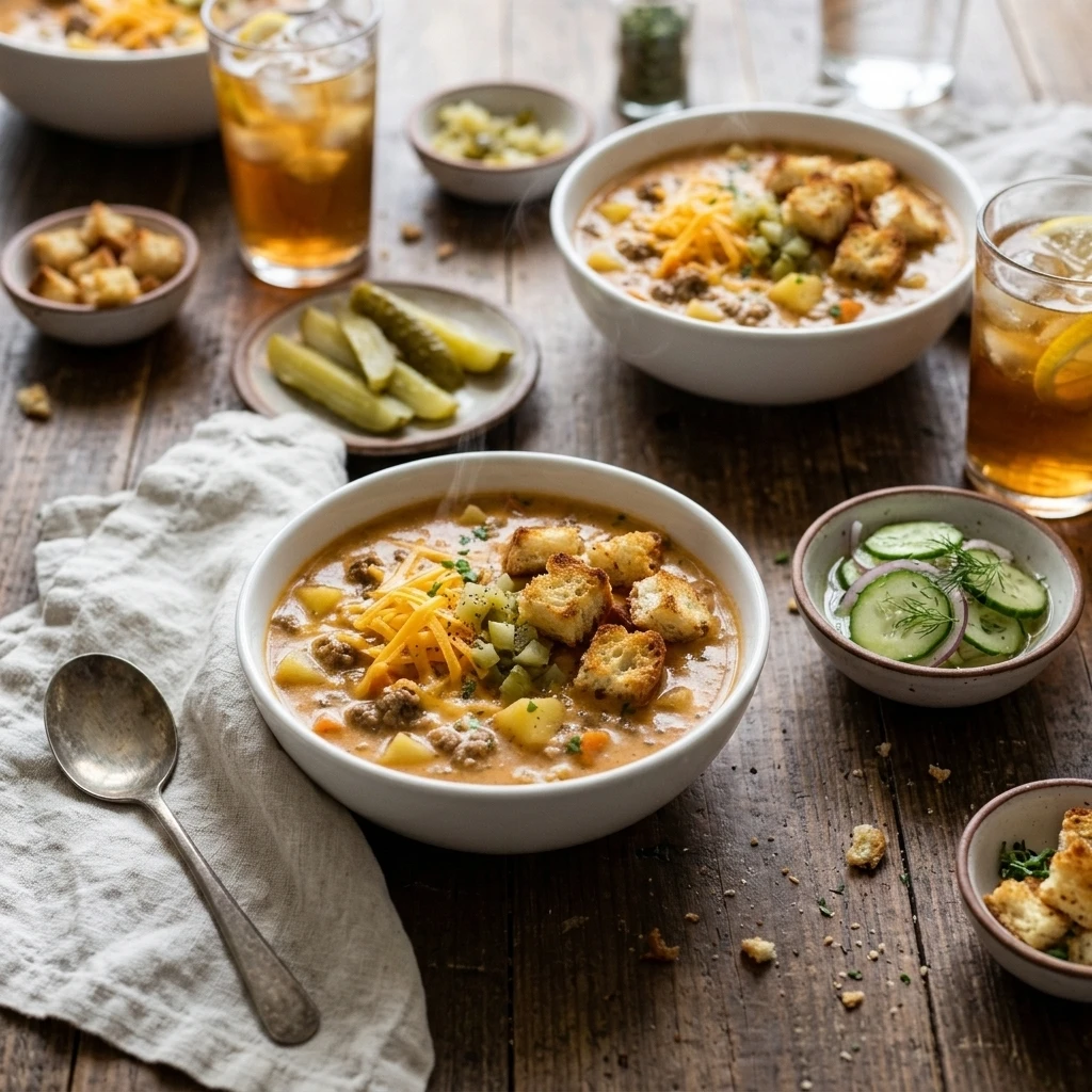 Two bowls of cheeseburger soup served with bun croutons, dill pickle spears, and cucumber salad on a dinner table