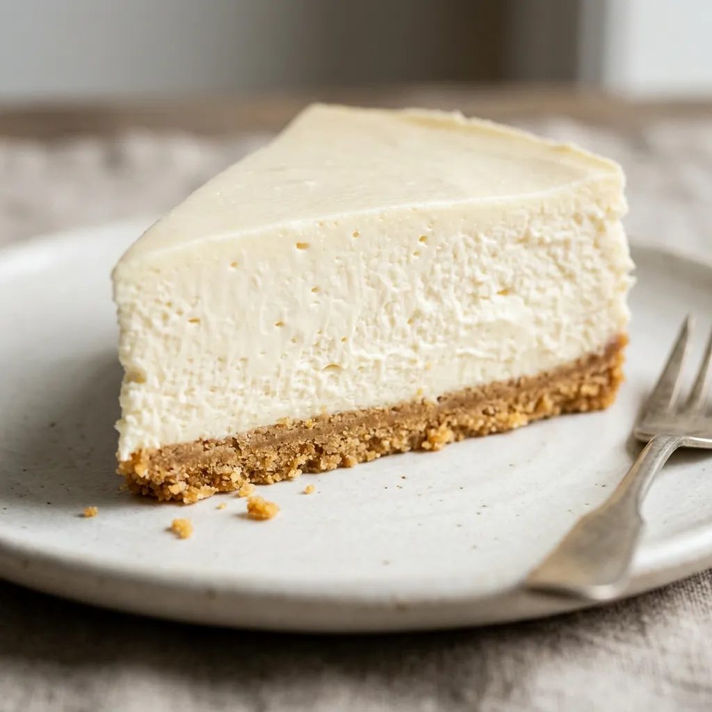 Close view of chilled cheesecake slice showing airy cream cheese center and compact graham cracker crust