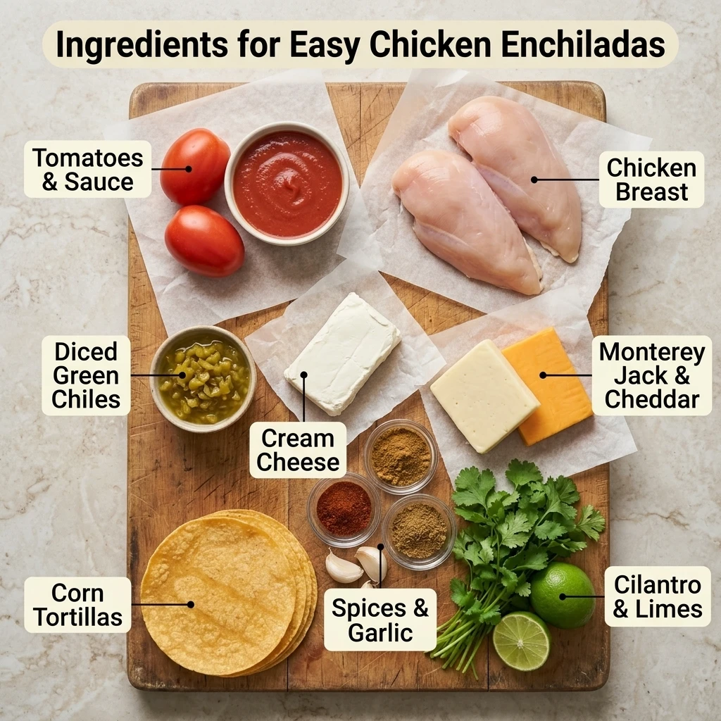 Flat lay of ingredients for easy chicken enchiladas with corn tortillas, chicken, cheese, and chiles
