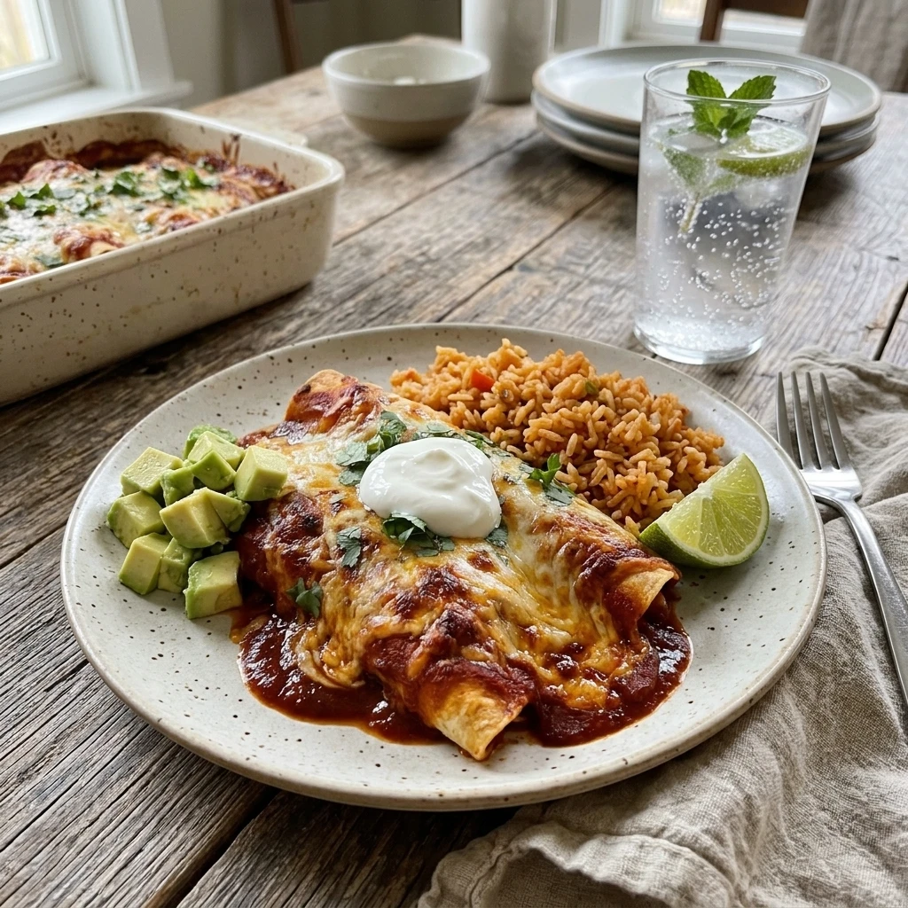 Two saucy chicken enchiladas plated with Mexican rice, avocado, and lime for a weeknight dinner