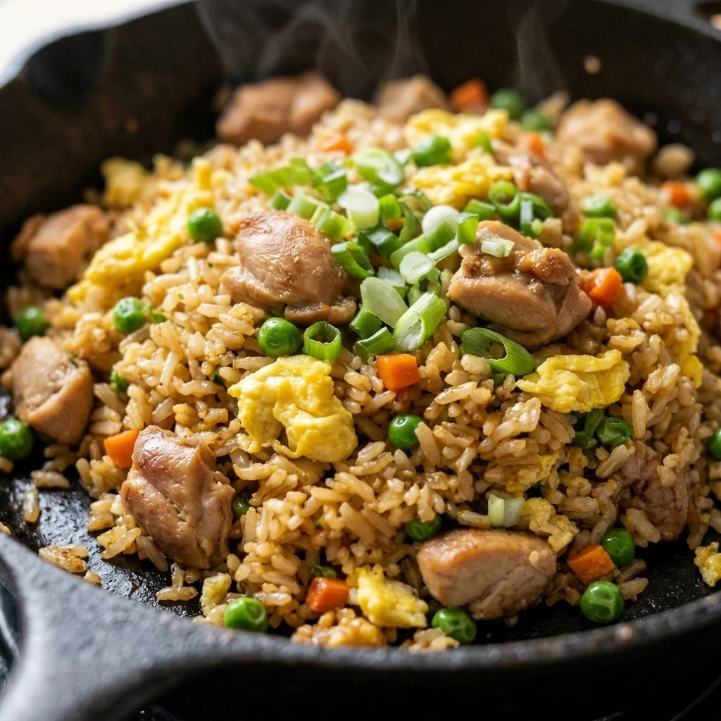 Close up of crisp golden rice grains and chicken pieces in homemade chicken fried rice