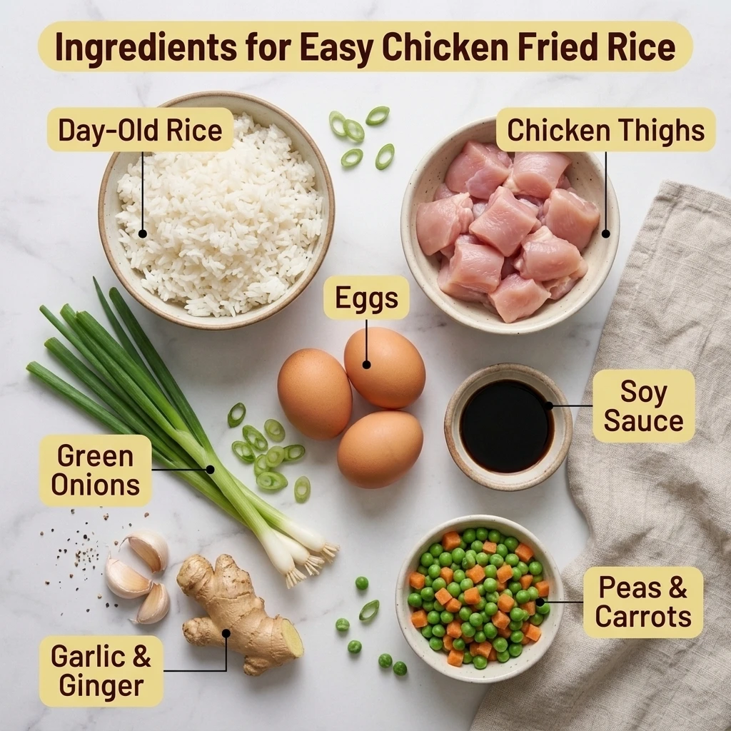  Flat lay of chicken fried rice ingredients: day-old rice, chicken thighs, eggs, and green onions