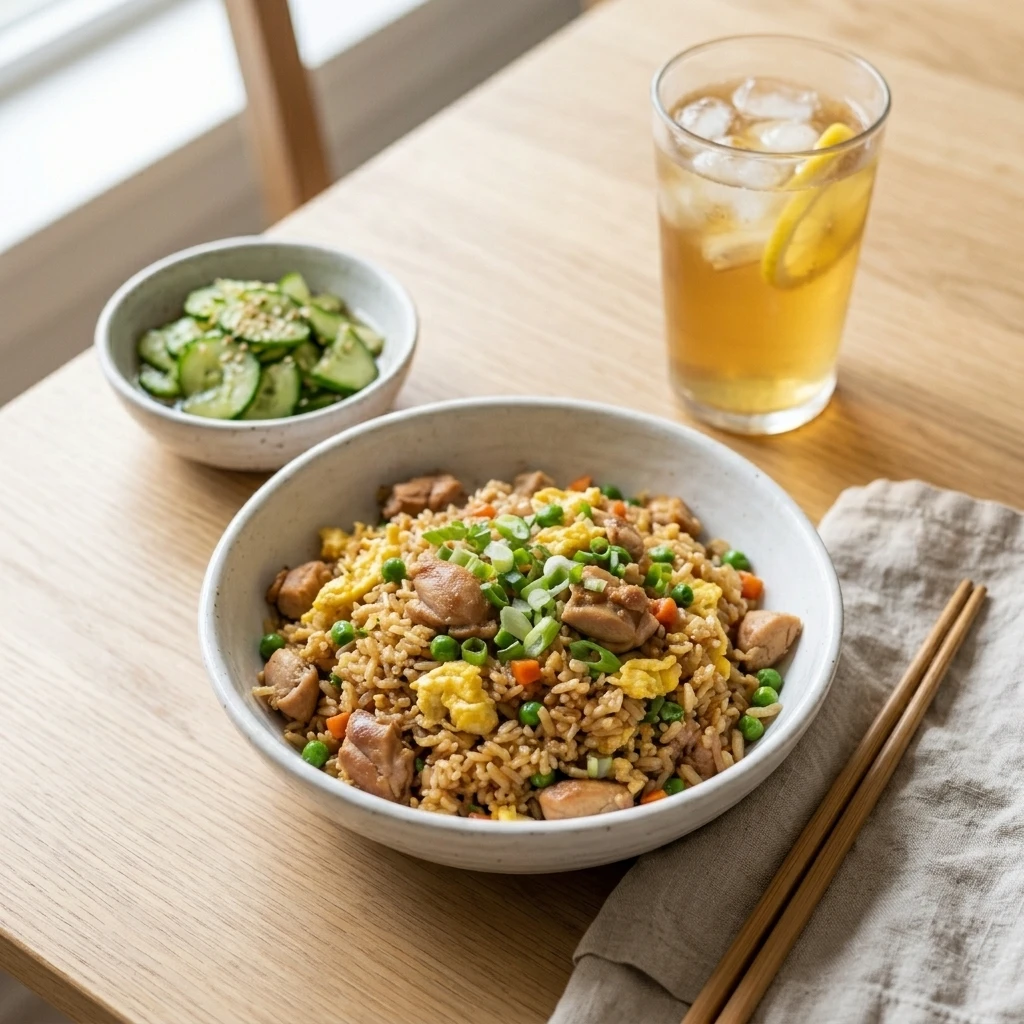  Takeout style fried rice with chicken served beside cucumber salad and iced jasmine tea