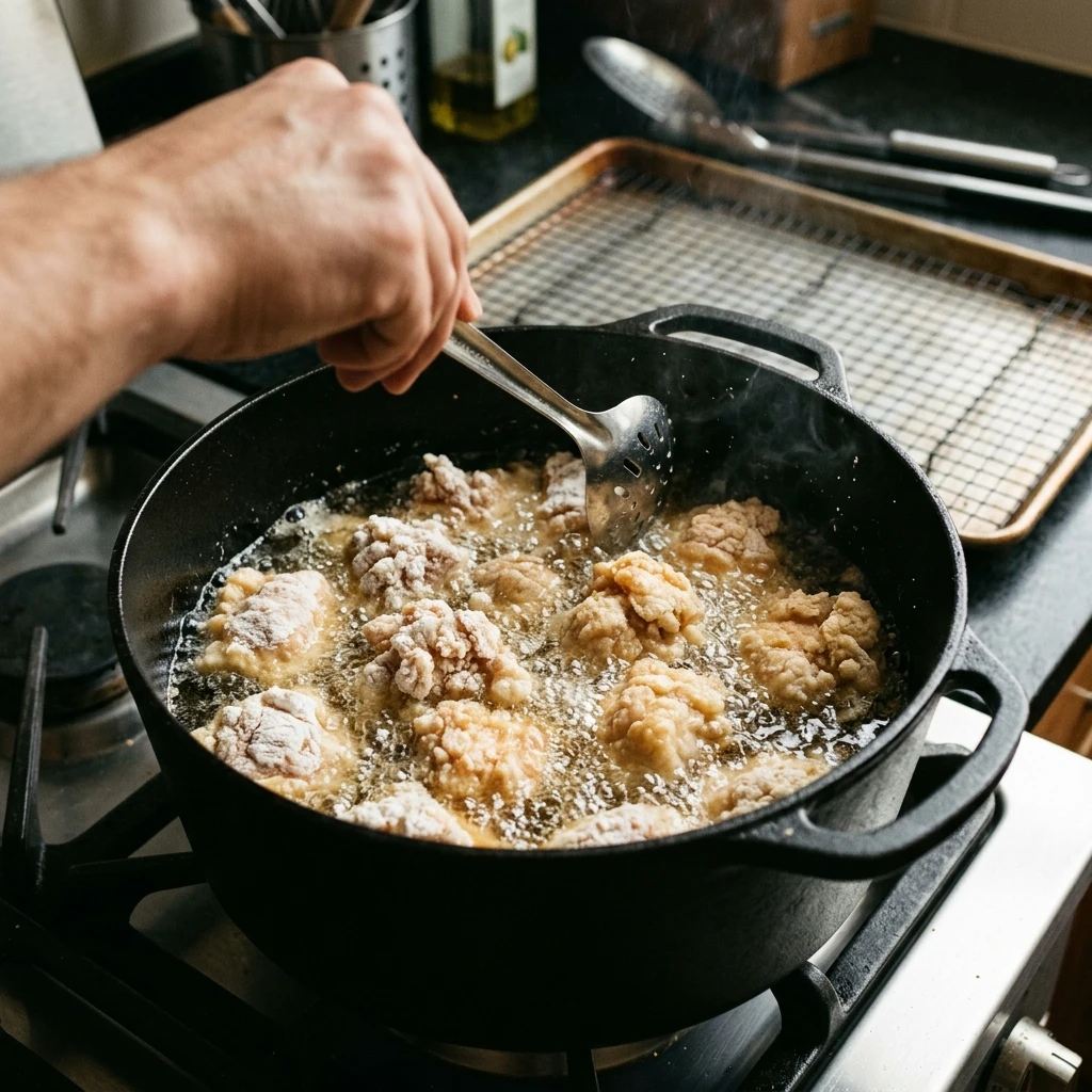 Coated chicken pieces frying in a Dutch oven, the crispy crust stage of orange chicken at 350°F  
