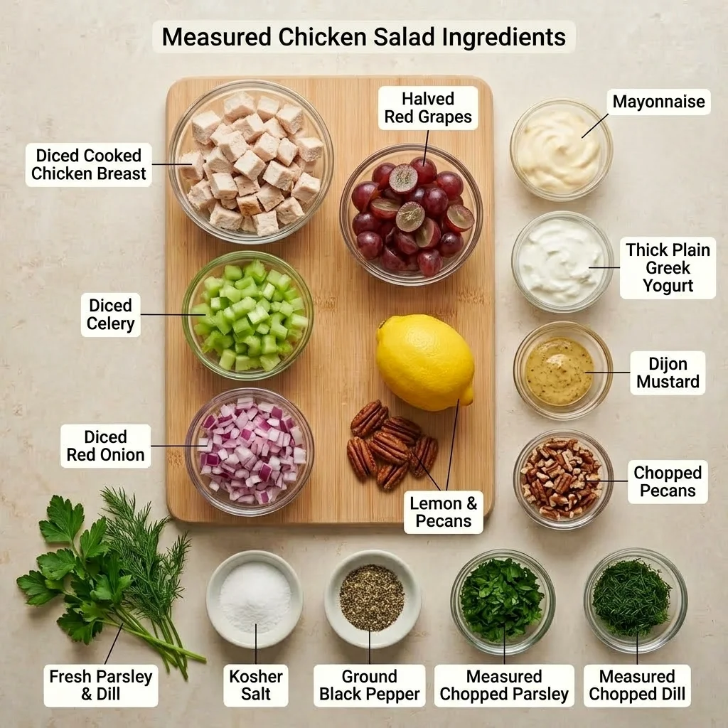 Measured chicken salad ingredients including cooked chicken, grapes, celery, pecans, herbs, yogurt, and mayonnaise.