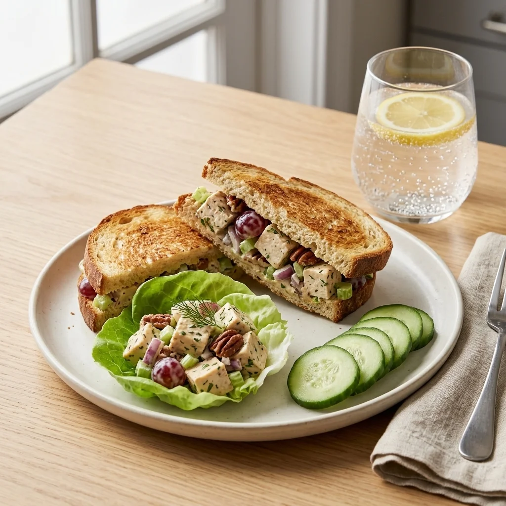 Toasted chicken salad sandwich served with a lettuce cup, cucumber slices, and sparkling lemon water.