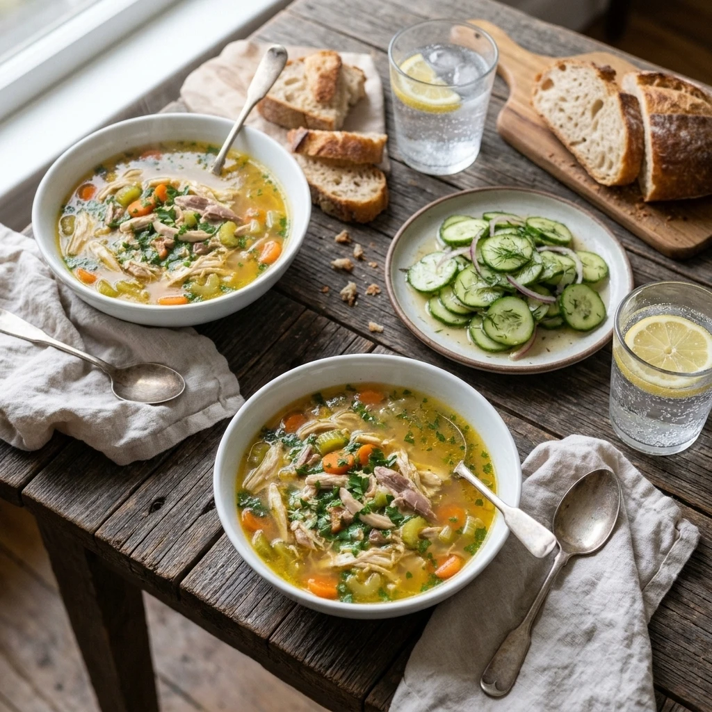 Two bowls of easy chicken soup served with crusty bread and cucumber salad for a family dinner
