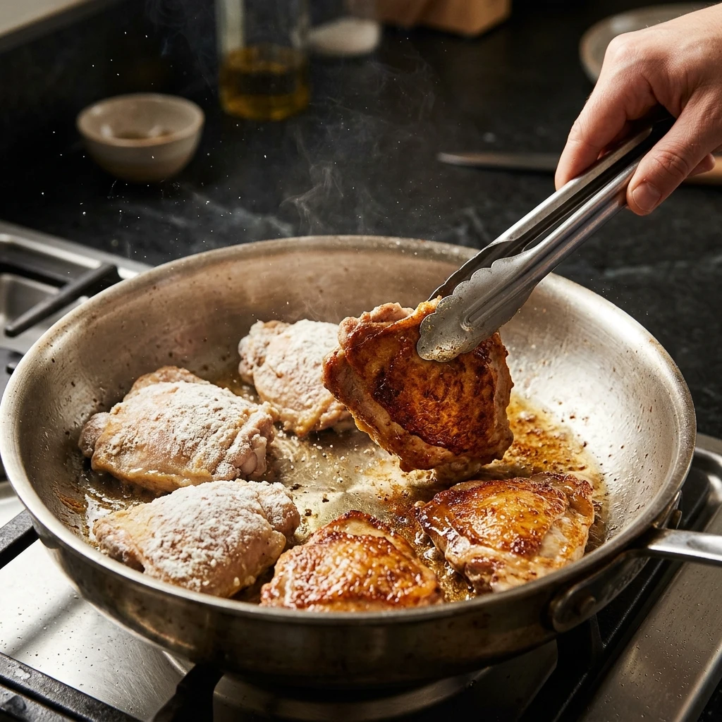 Cornstarch coated chicken thighs searing golden in a skillet before the honey garlic sauce goes in
