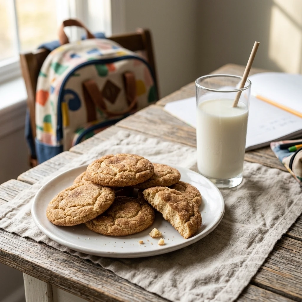 Plate of snickerdoodle cookies with a glass of cold milk for an after school snack