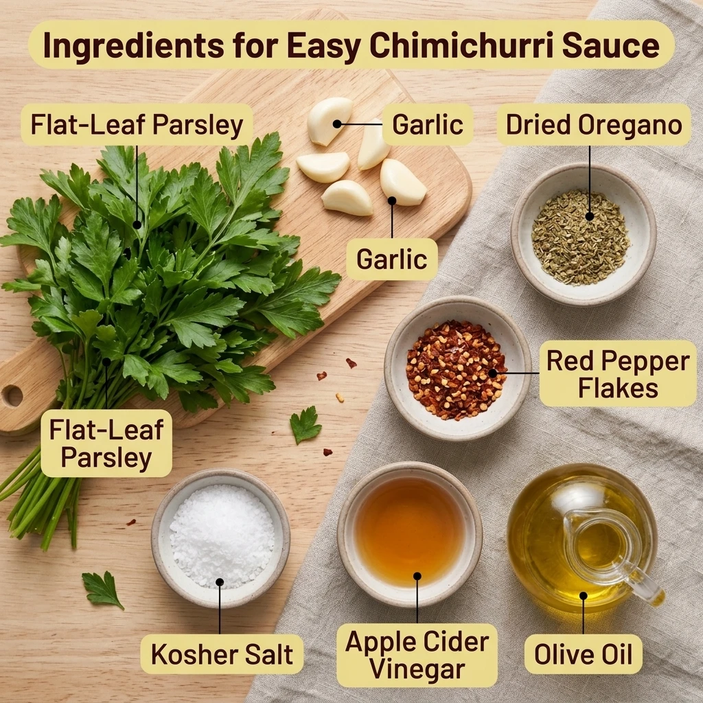 Ingredients for easy chimichurri sauce laid flat: parsley, garlic, oregano, olive oil, vinegar, and red pepper flakes
