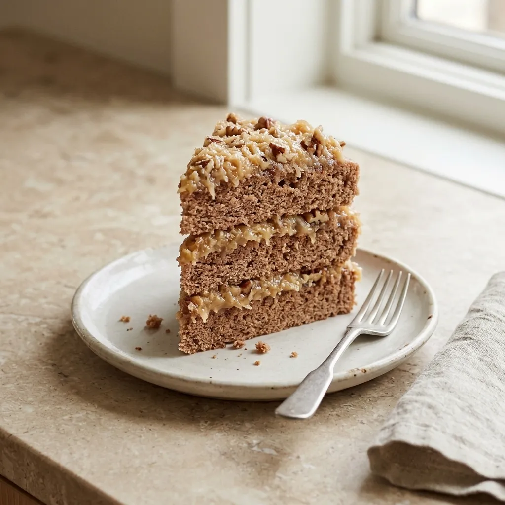 Close-up of moist German chocolate cake layers with distinct chewy coconut pecan filling