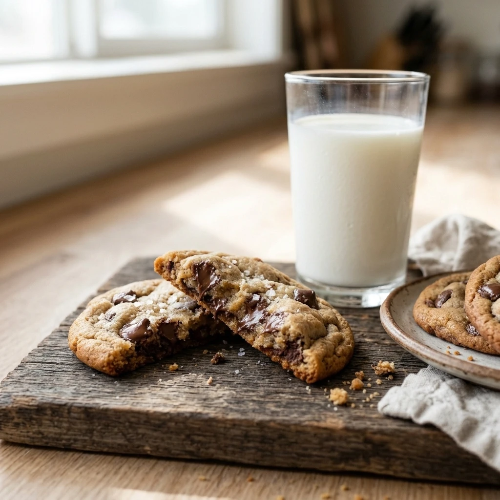 Warm homemade chocolate chip cookie broken in half beside a glass of cold milk, soft chewy center  
