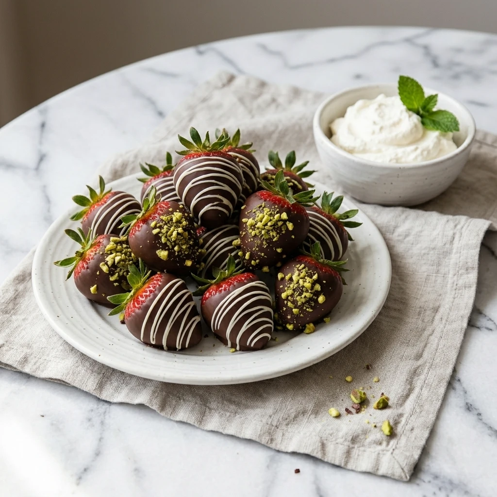 Easy chocolate covered strawberries on a white plate with a small bowl of whipped cream and a mint leaf