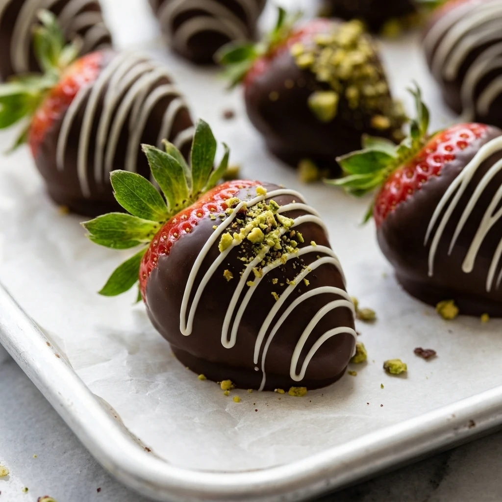 Close-up of a glossy chocolate dipped strawberry with a white chocolate drizzle, a simple dessert idea