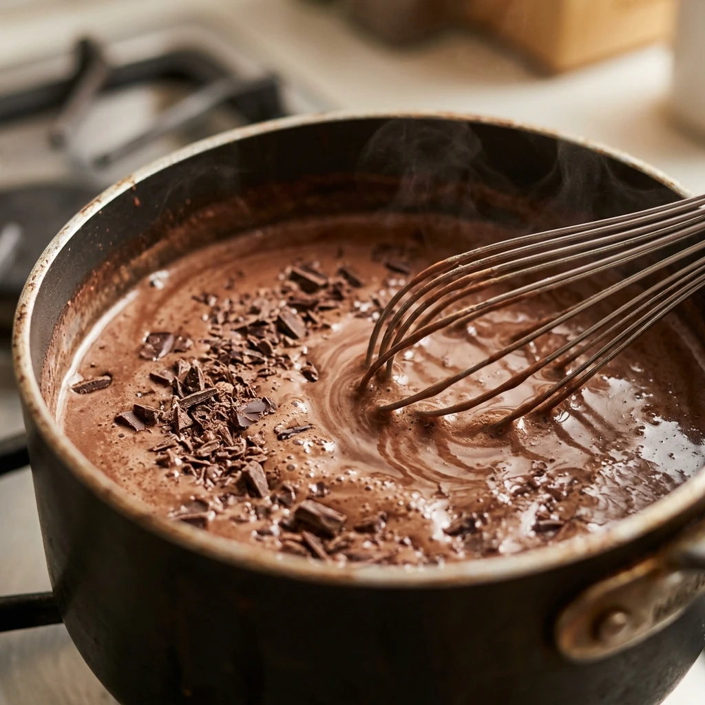 Chopped semisweet chocolate melting into creamy hot chocolate in a saucepan with a whisk