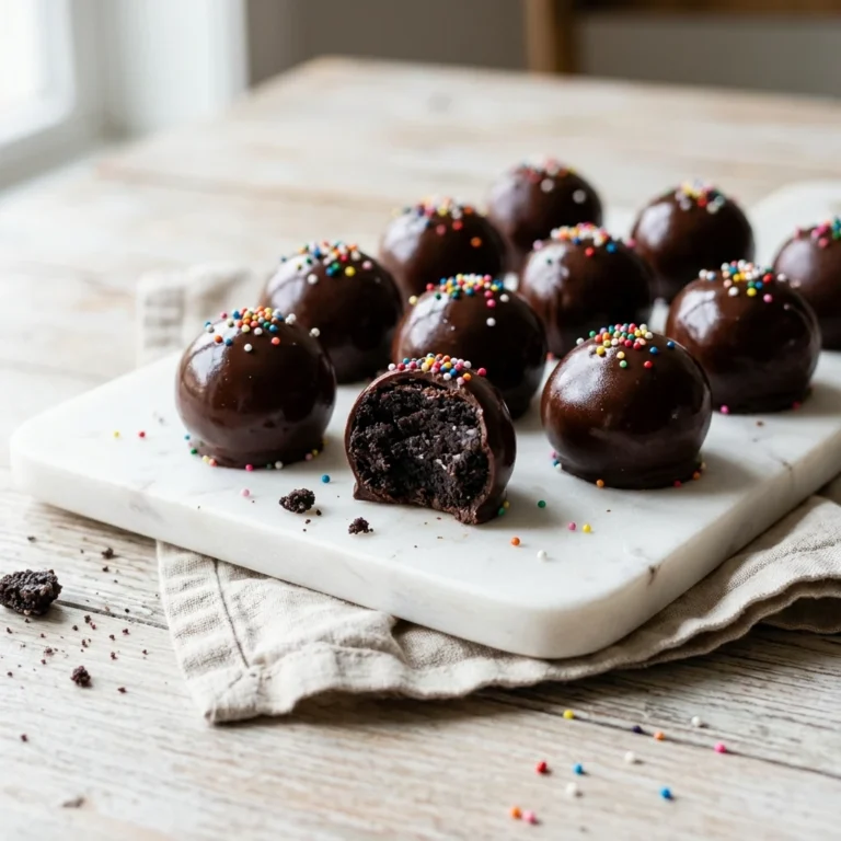 Glossy chocolate oreo balls with sprinkles on a white serving tray, fresh from the fridge