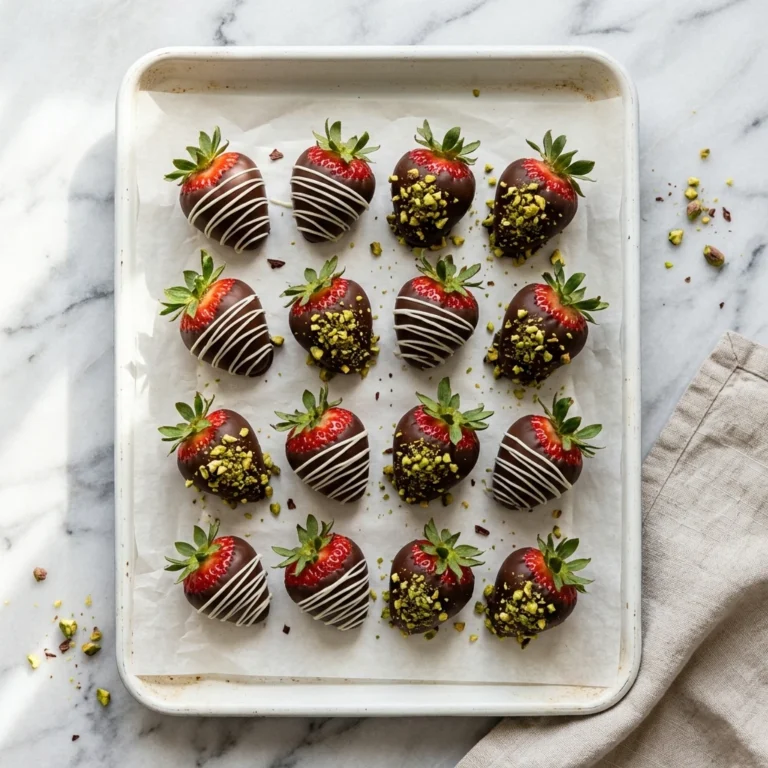 Platter of chocolate covered strawberries with white chocolate zigzag and chopped pistachios on parchment