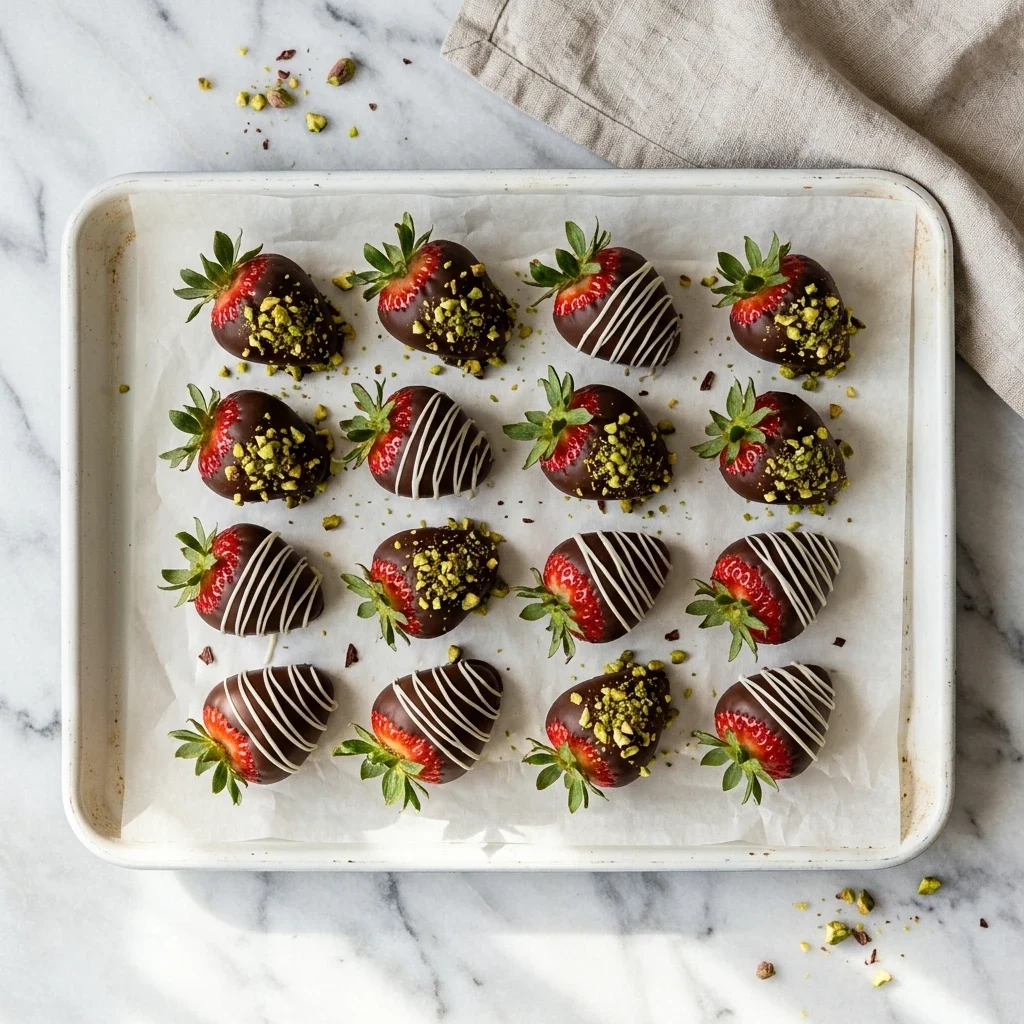 Platter of chocolate covered strawberries with white chocolate zigzag and chopped pistachios on parchment