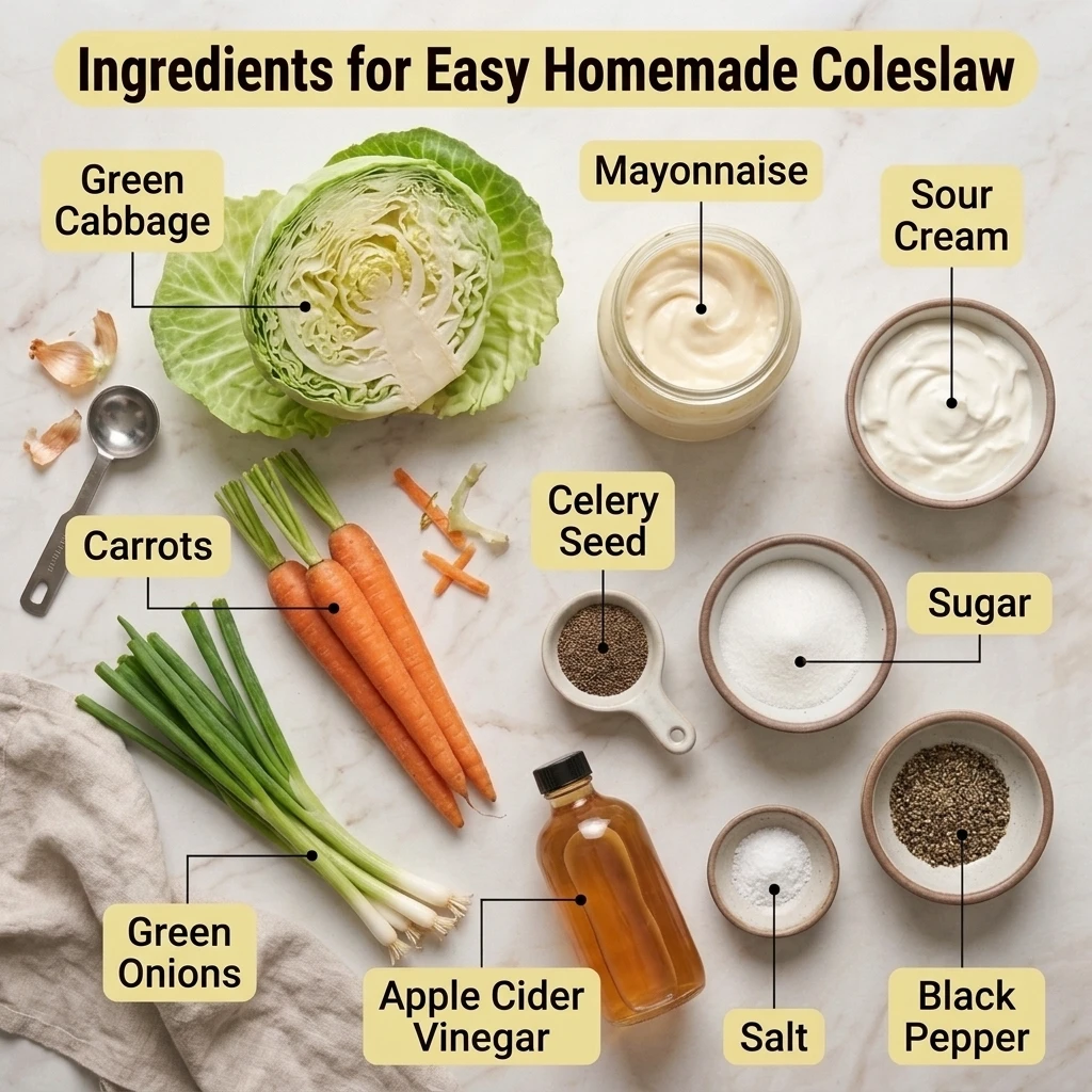 Flat lay of homemade coleslaw ingredients including green cabbage, carrots, mayonnaise, sour cream, and cider vinegar