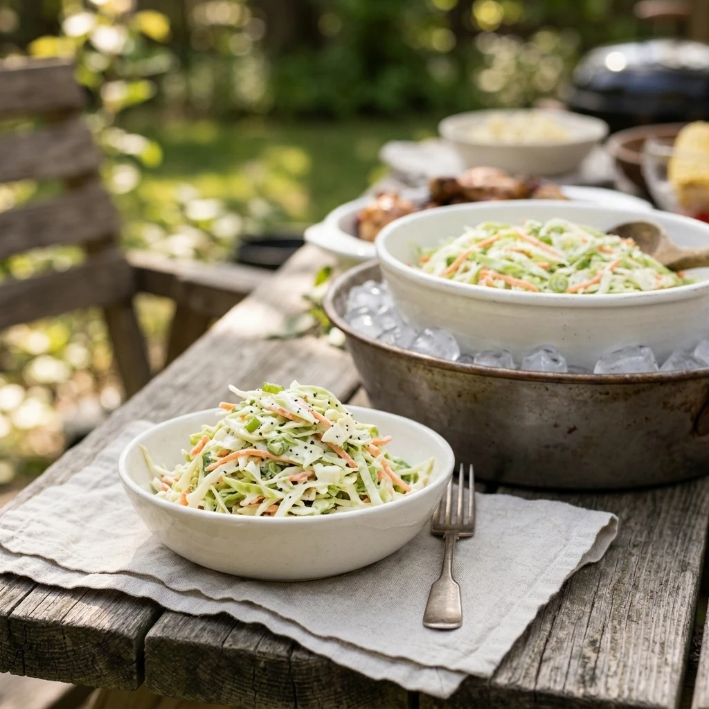 Scoop of easy coleslaw recipe in a small bowl on a picnic table, a cold and crunchy cookout side dish

