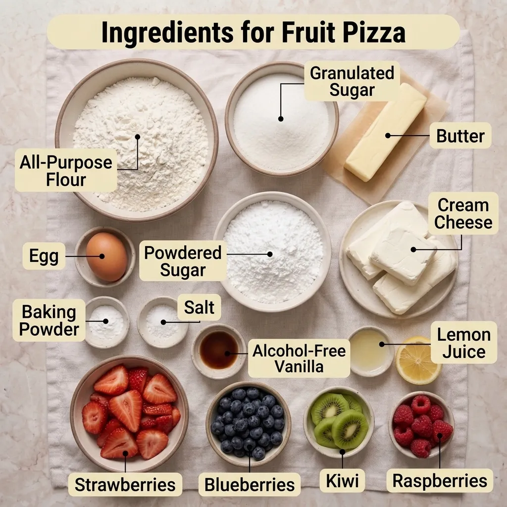  Measured cookie crust ingredients beside fresh berries and kiwi ready for a homemade fruit pizza
