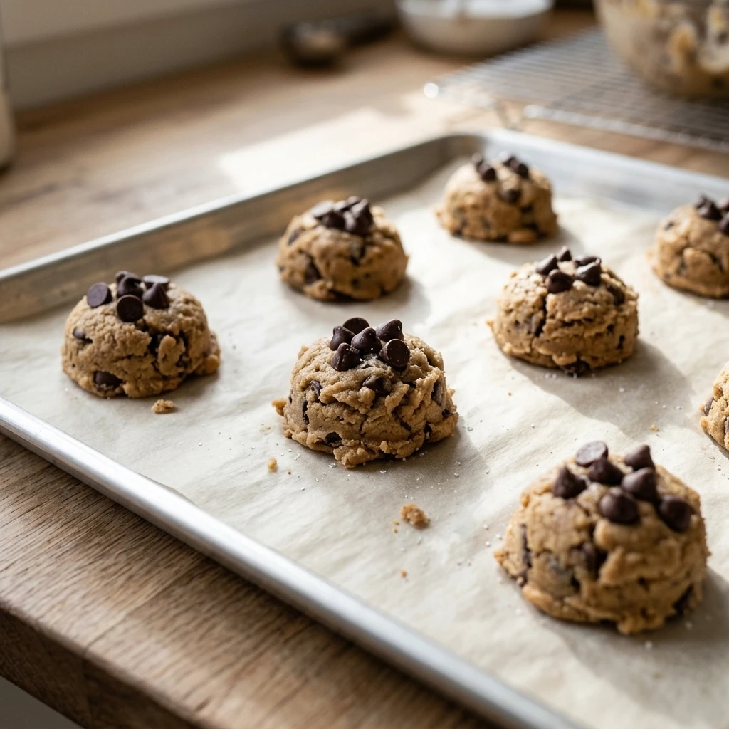 Scooped chocolate chip cookie dough balls with chips pressed on top on a parchment lined baking sheet  