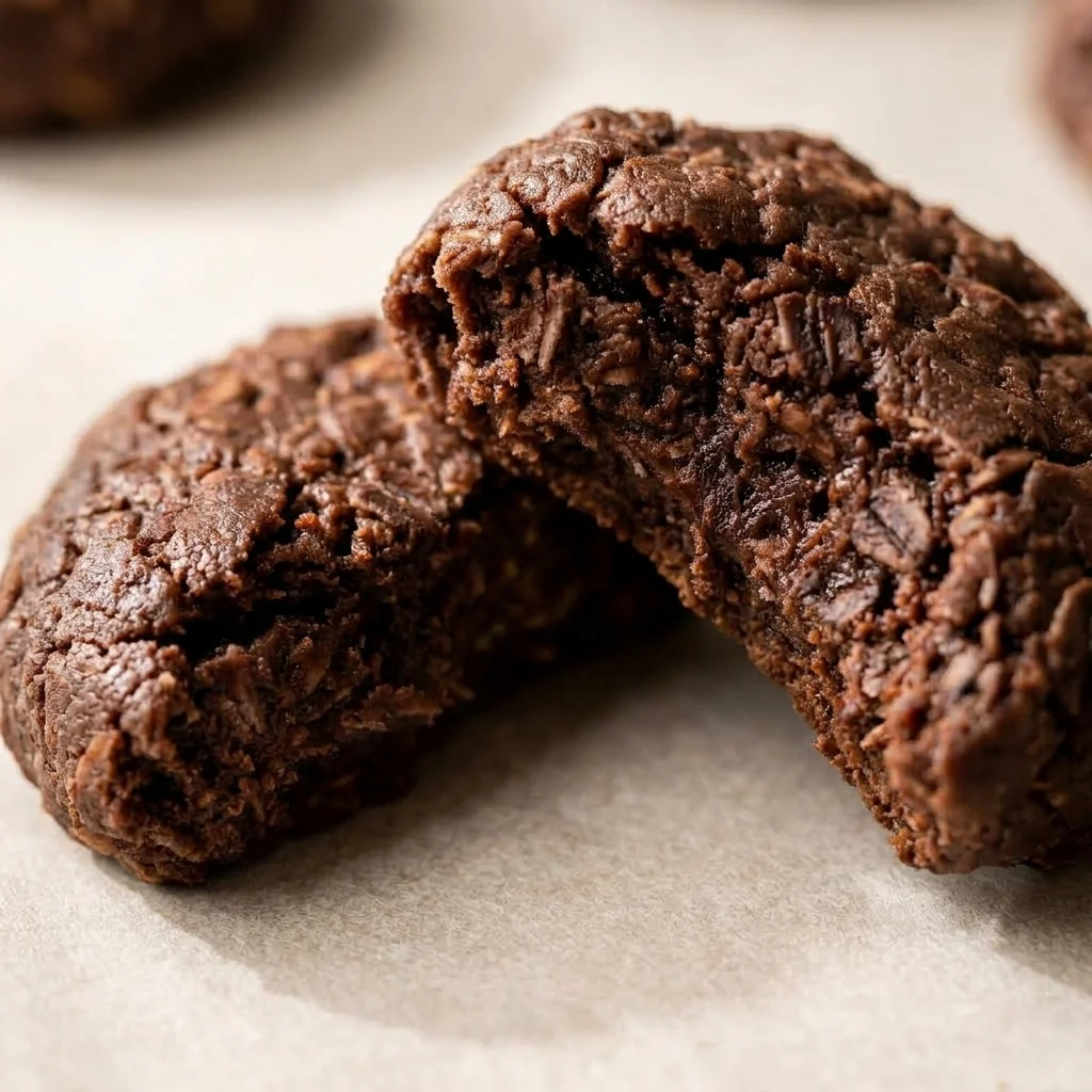 Close-up of a fudgy no bake oatmeal cookie showing the set chocolate center and visible oat flakes.