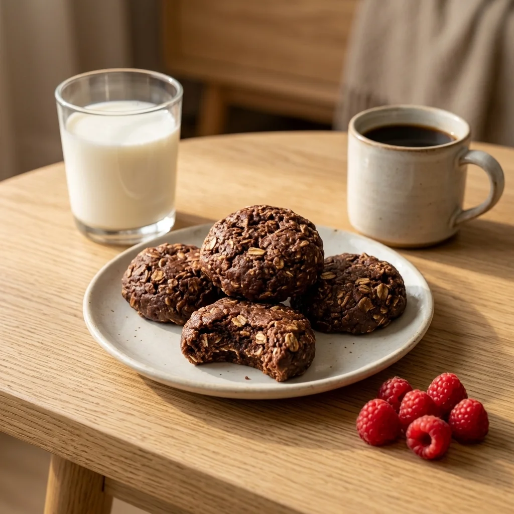Set chocolate oatmeal cookies served with cold milk, coffee, and fresh raspberries.
