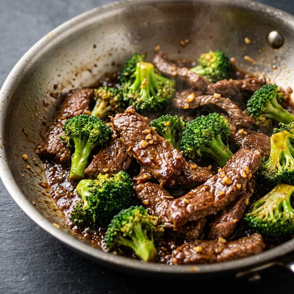  Close up of broccoli beef stir fry with glossy sauce coating tender steak strips in a skillet
