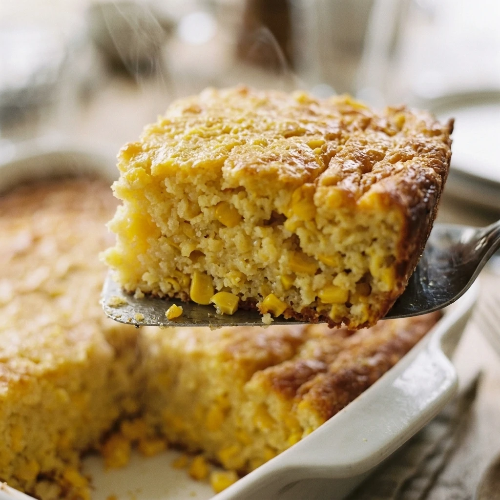 Close-up of a cut corn casserole square showing a moist crumb, whole kernels, and crisp golden edges