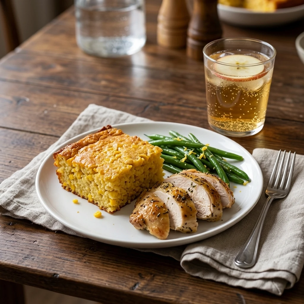Plated corn casserole square beside roast chicken and green beans as an easy side dish dinner