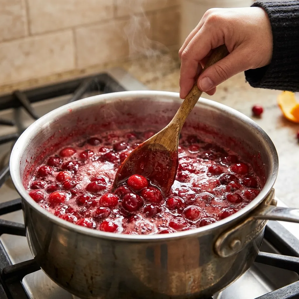 Cranberries bursting in a saucepan as fresh cranberry sauce simmers on the stove
