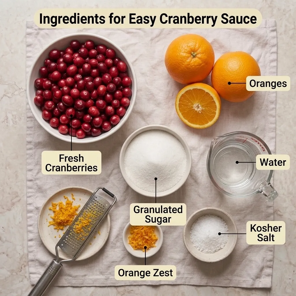 Fresh cranberries, oranges, sugar, and salt laid out as ingredients for easy cranberry sauce
