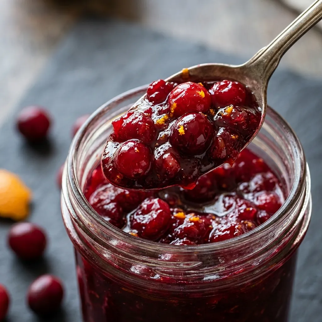  Close-up of a spoonful of thick cranberry sauce with whole berries and orange zest
