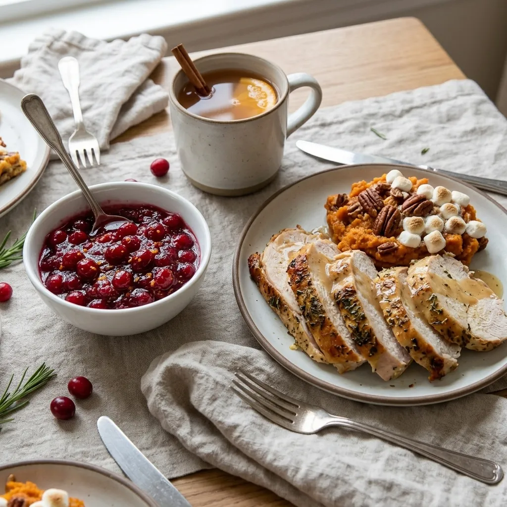 Bowl of cranberry sauce served with sliced roast turkey and sweet potato casserole
