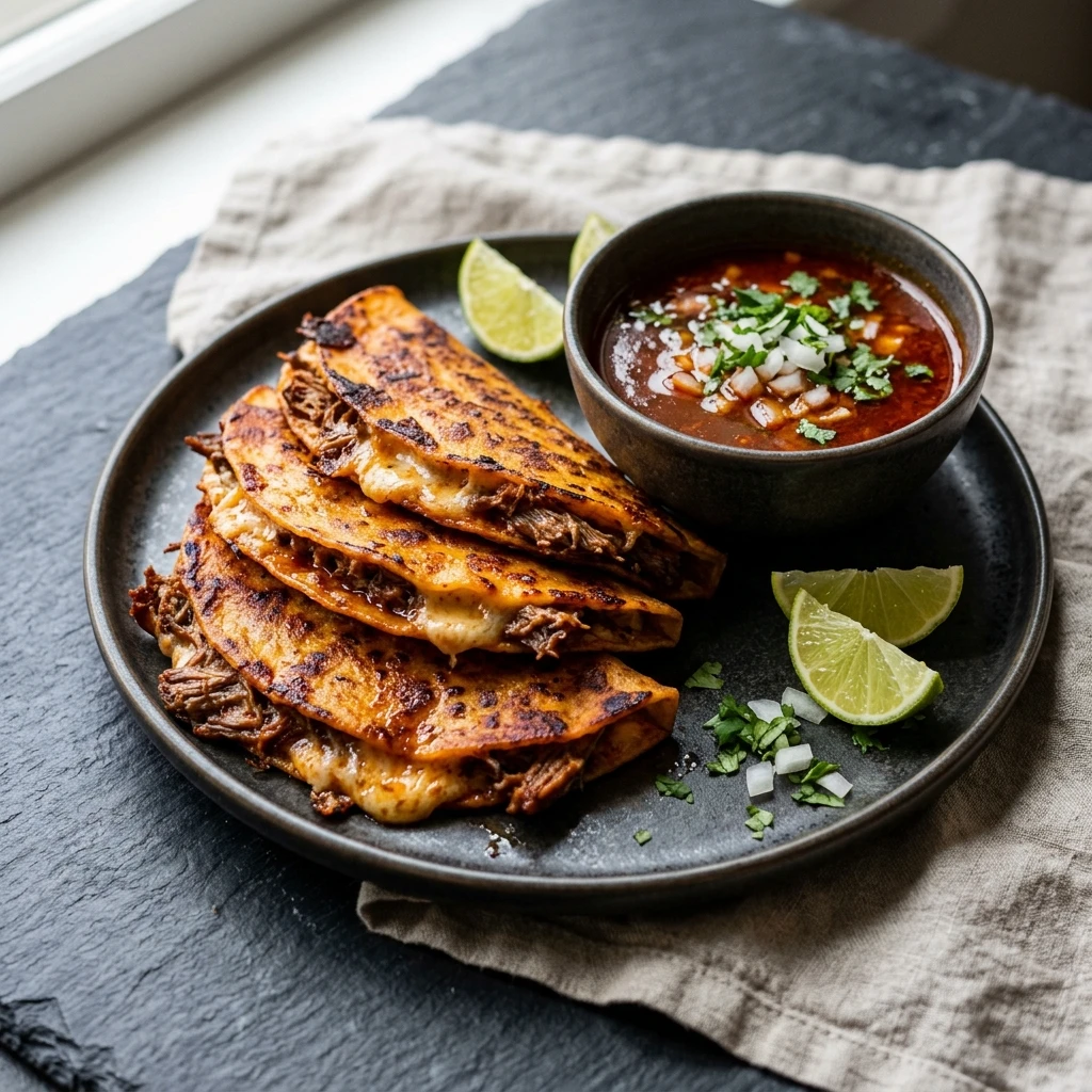 Crispy Birria Tacos with Tender Beef and Rich Consomé