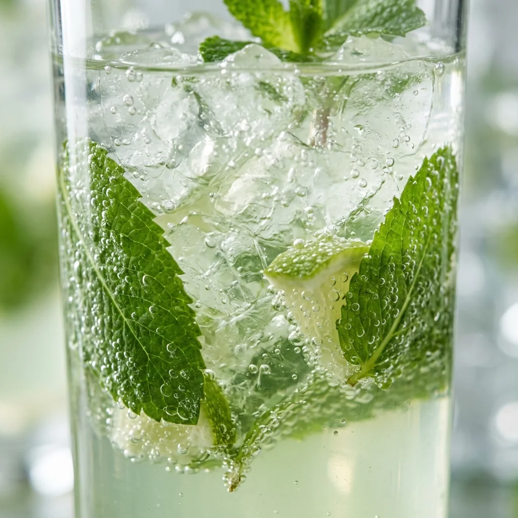 Close-up of fizzy lime soda, crushed ice, and intact mint leaves in a chilled glass.