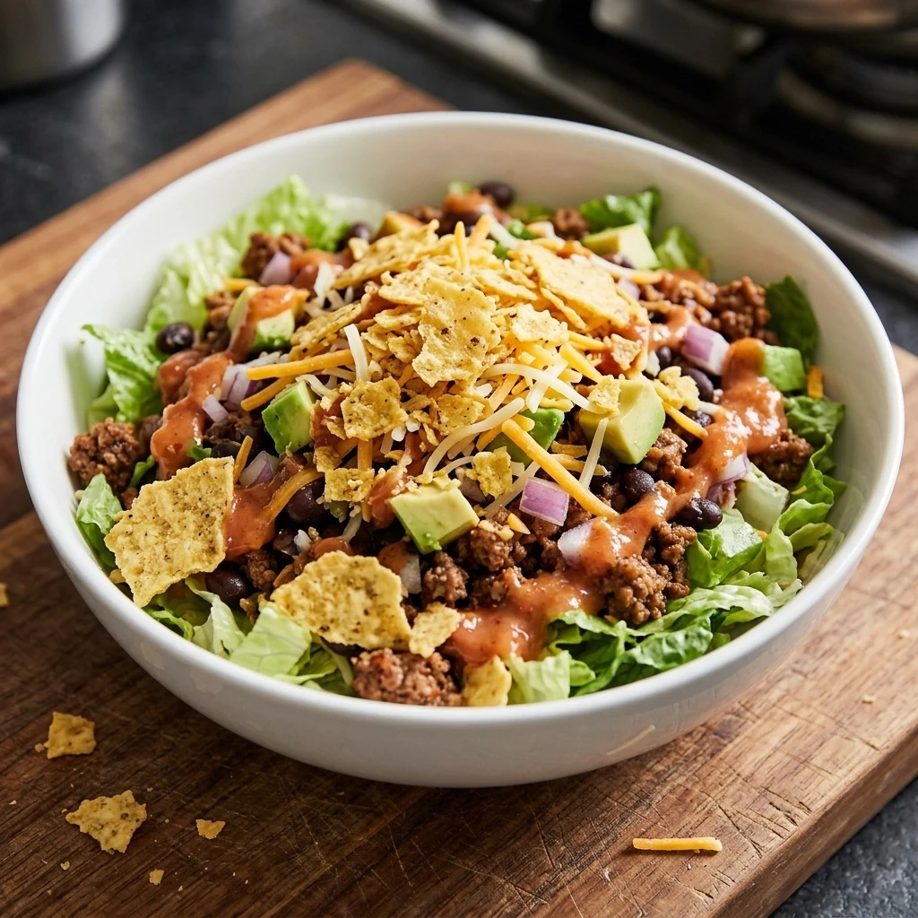 Hand crushing tortilla chips over a taco salad with creamy salsa dressing drizzled across the top