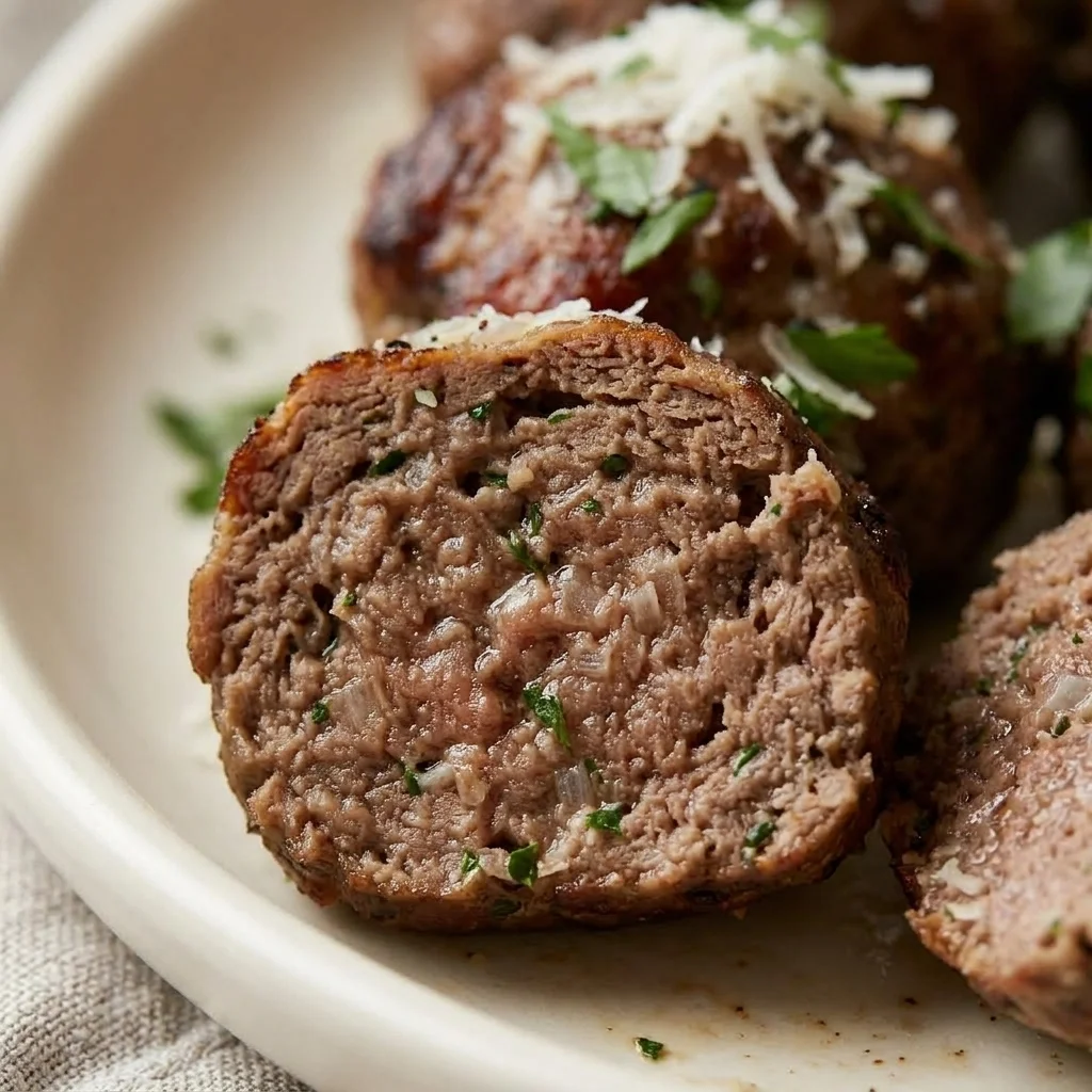 Close-up of a baked beef meatball showing a tender, fully cooked center.