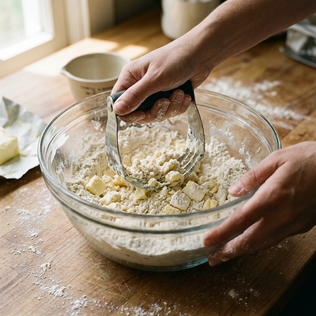 Hands cutting cold butter into flour with a pastry cutter to make flaky homemade scones dough