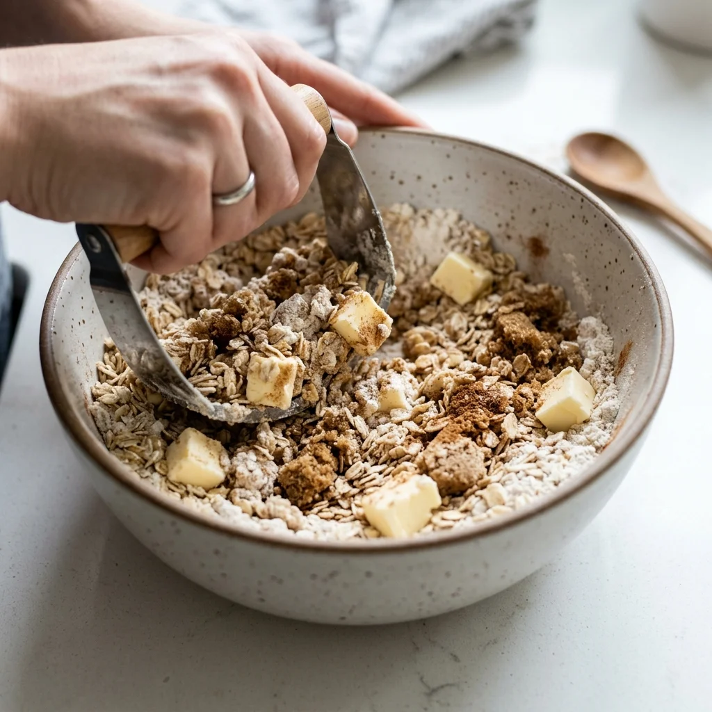 Cold butter being cut into an oat and brown sugar crumble mixture.