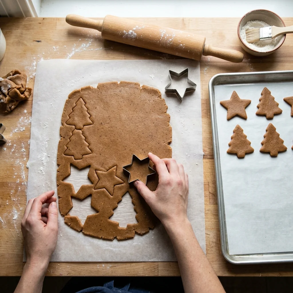 Gingerbread dough rolled between parchment and cut into neat holiday shapes.