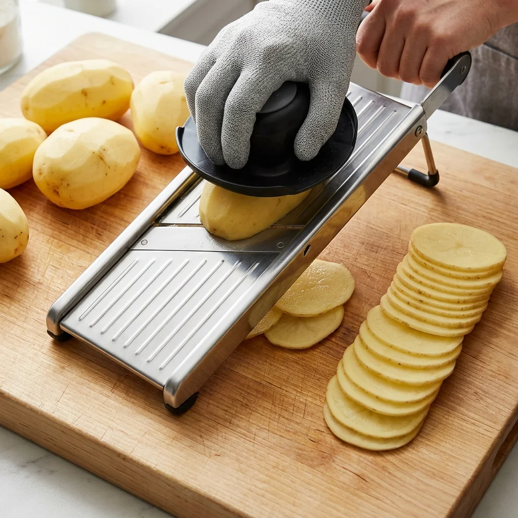 Uniform one-eighth-inch Yukon Gold potato slices beside a mandoline with its safety guard in use.