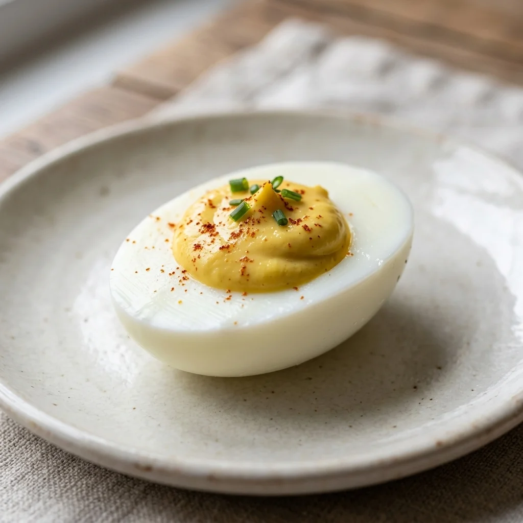 Close-up of a firm egg-white half holding a smooth mound of mustard filling