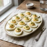 Deviled eggs with smooth yellow filling, paprika, and finely snipped chives